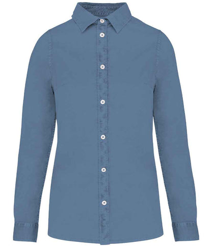 Native Spirit Ladies Washed Long Sleeve Shirt in Washed Cool Blue