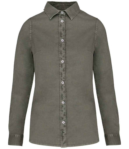 Native Spirit Ladies Washed Long Sleeve Shirt in Washed Pale Khaki