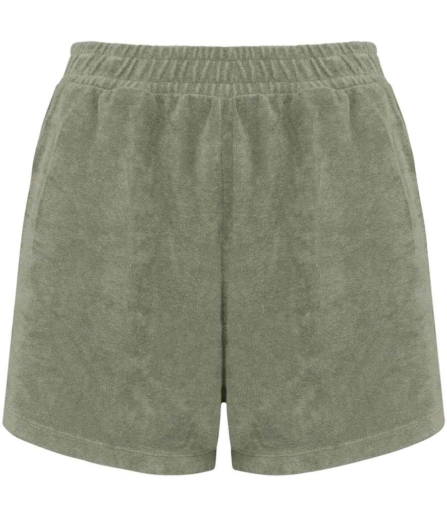 Native Spirit Ladies Terry Towel Shorts in Almond Green