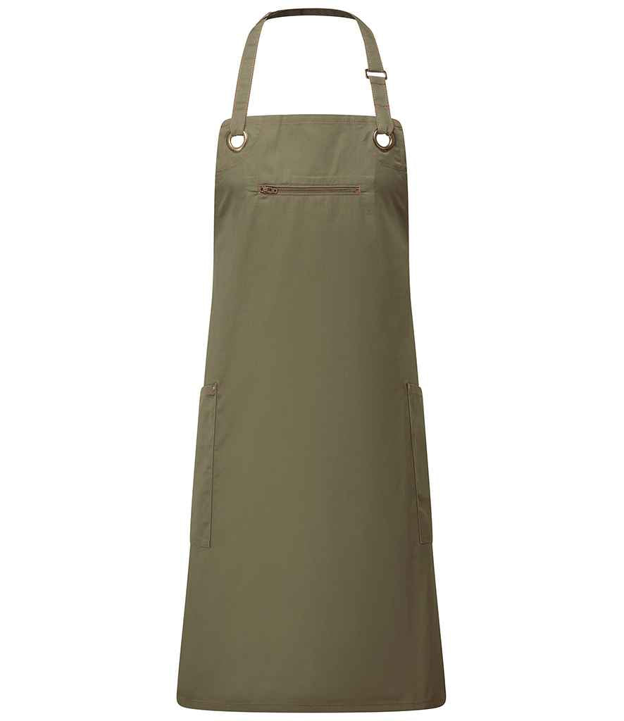 Premier Barley Contrast Stitch Bib Apron in Olive Green/Chestnut