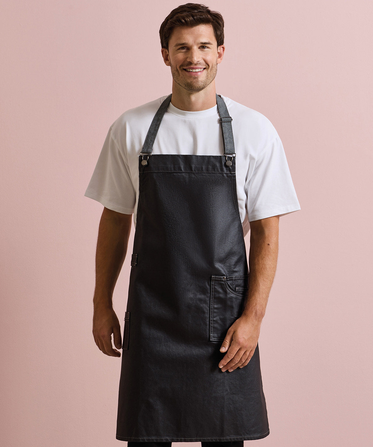 Premier District waxed-look denim bib apron Black Denim