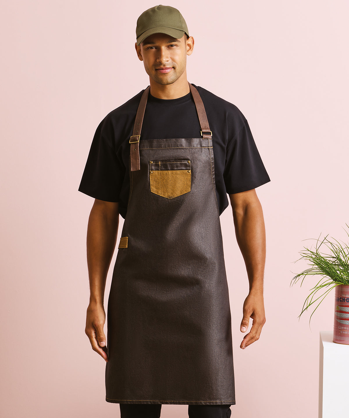 Premier Division waxed-look denim bib apron with faux leather Black Denim