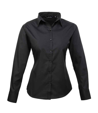 Premier Ladies Long Sleeve Poplin Blouse in Black