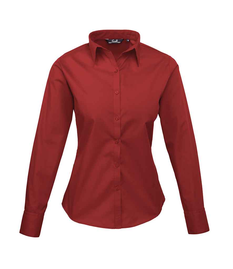 Premier Ladies Long Sleeve Poplin Blouse in Burgundy