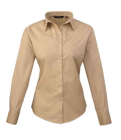 Premier Ladies Long Sleeve Poplin Blouse in Khaki