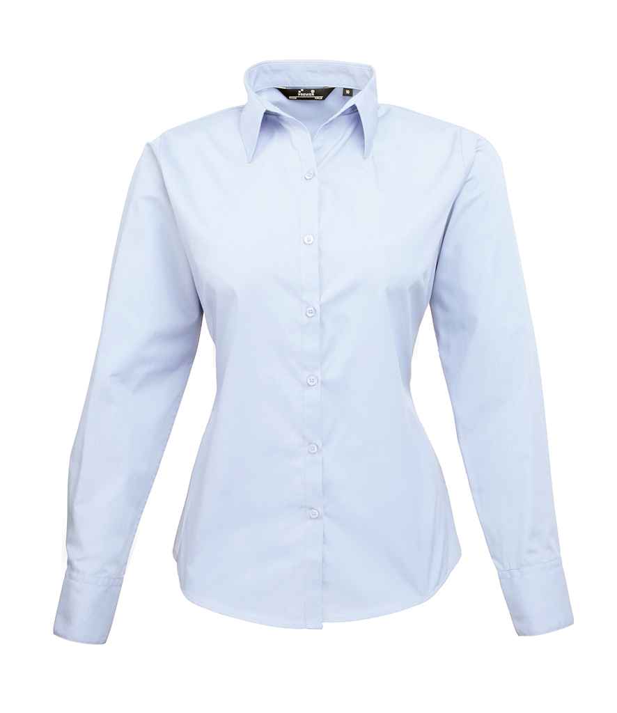 Premier Ladies Long Sleeve Poplin Blouse in Light Blue