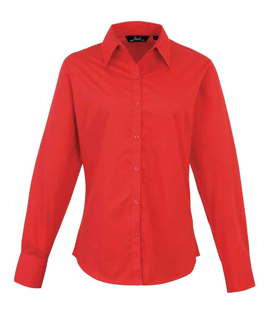 Premier Ladies Long Sleeve Poplin Blouse in Red