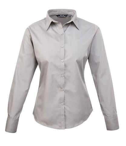 Premier Ladies Long Sleeve Poplin Blouse in Silver