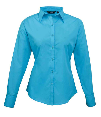 Premier Ladies Long Sleeve Poplin Blouse in Turquoise Blue