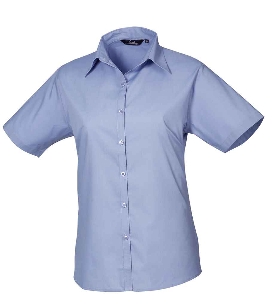 Premier Ladies Short Sleeve Poplin Blouse in Mid Blue