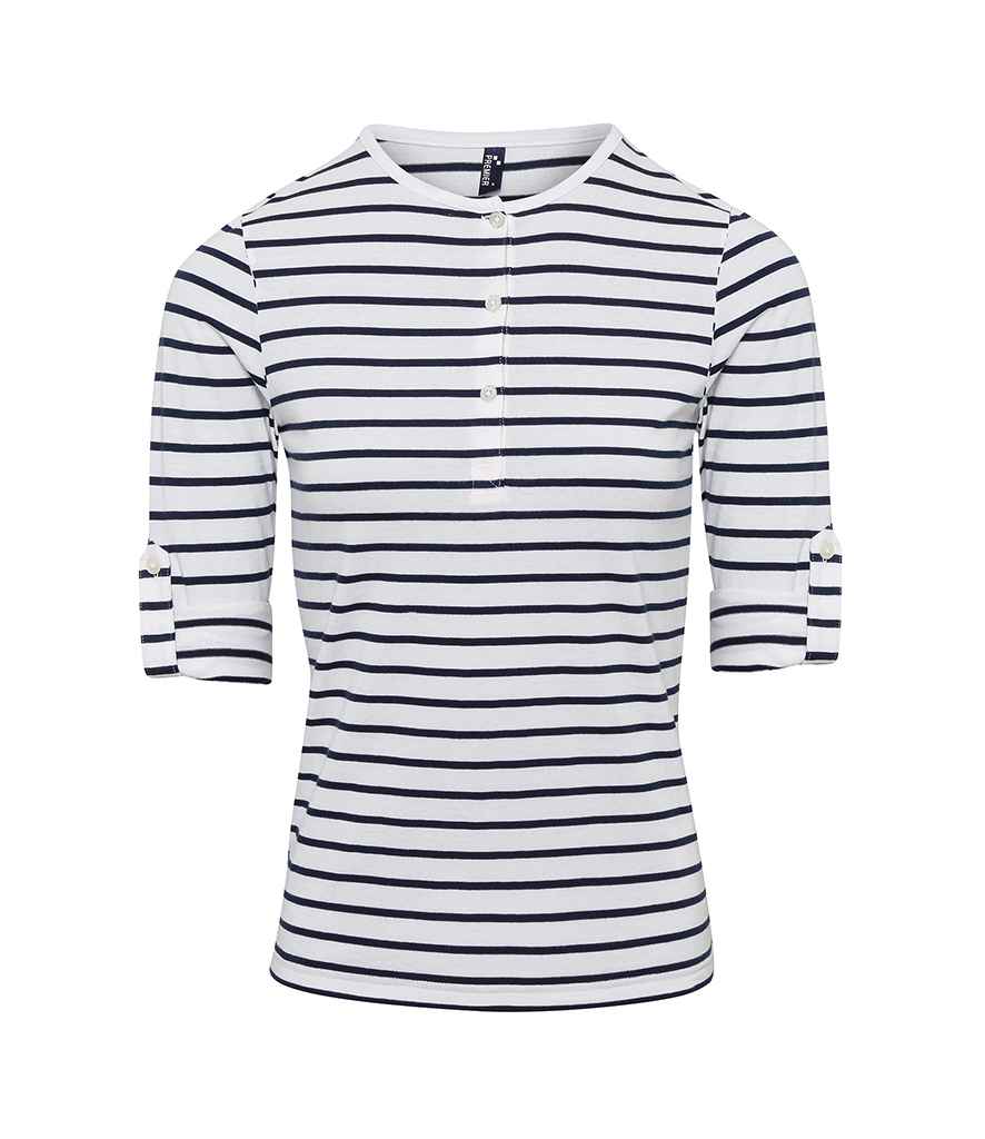 Premier Ladies Long John Roll Sleeve T-Shirt in White/Navy