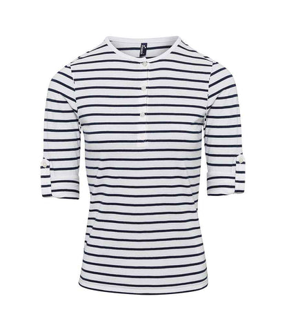Premier Ladies Long John Roll Sleeve T-Shirt in White/Navy
