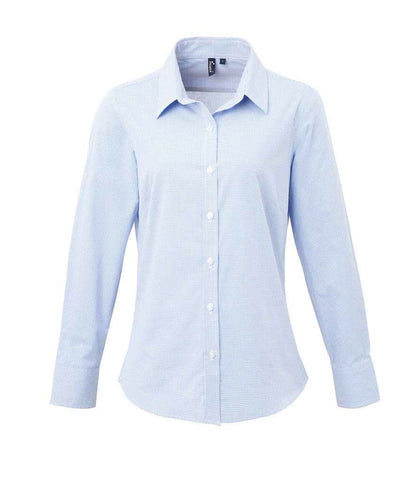 Premier Ladies Gingham Long Sleeve Shirt in Light Blue/White
