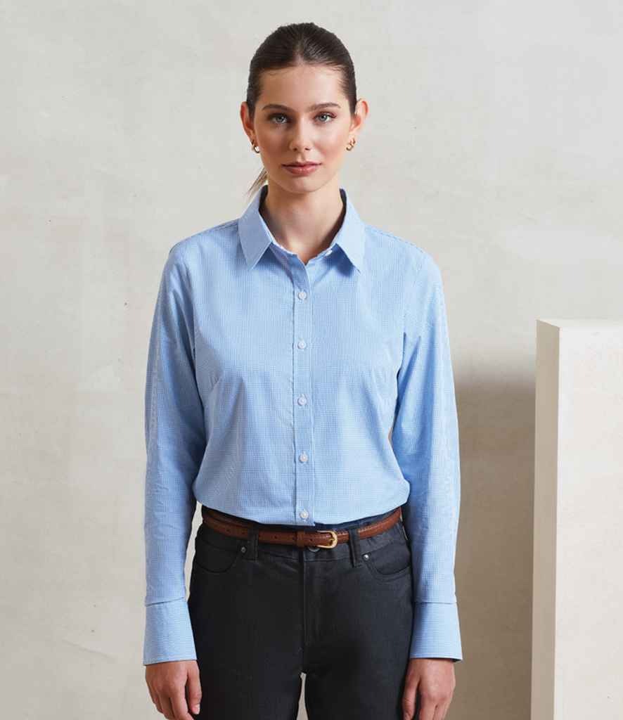 Premier Premier Ladies Gingham Long Sleeve Shirt Light Blue/White