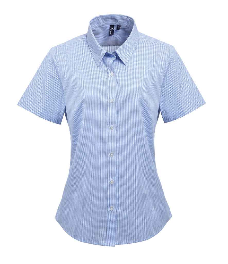 Premier Premier Ladies Gingham Short Sleeve Shirt Light Blue/White