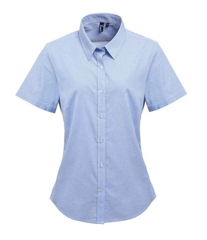 Premier Premier Ladies Gingham Short Sleeve Shirt Light Blue/White