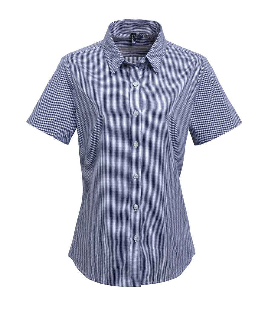 Premier Ladies Gingham Short Sleeve Shirt in Navy/White