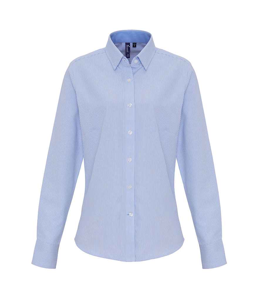 Premier Premier Ladies Long Sleeve Striped Oxford Shirt White/Oxford Blue