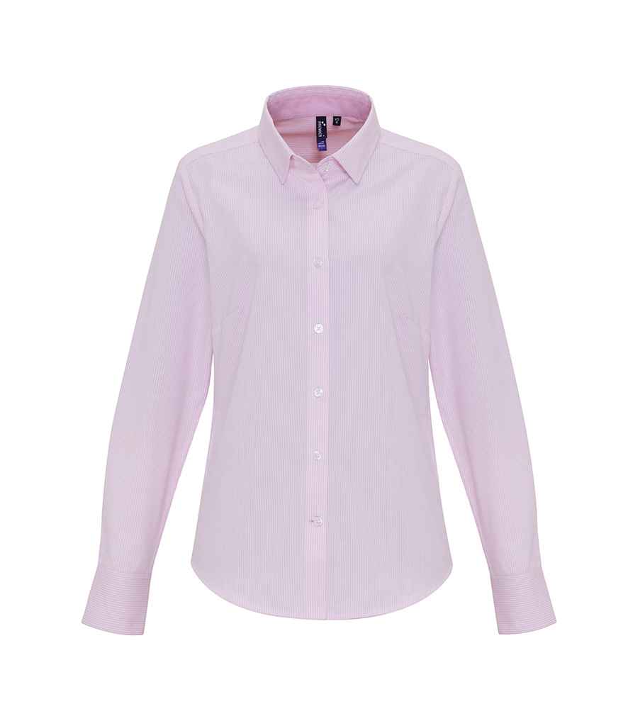 Premier Ladies Long Sleeve Striped Oxford Shirt in White/Pink