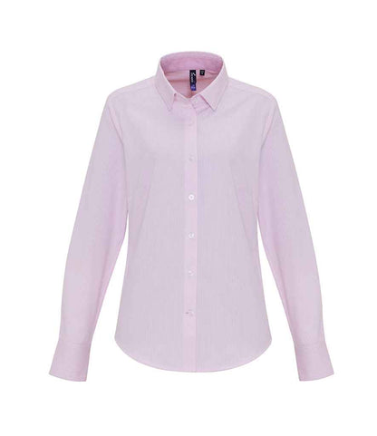 Premier Ladies Long Sleeve Striped Oxford Shirt in White/Pink