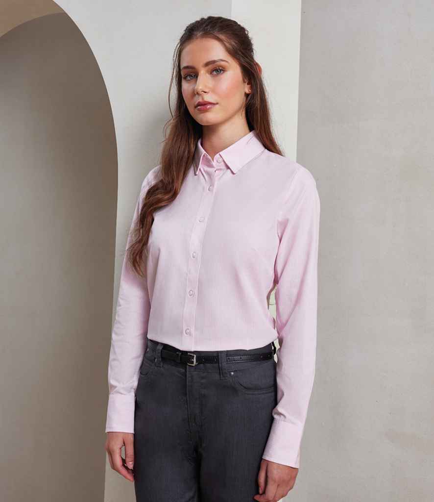 Premier Premier Ladies Long Sleeve Striped Oxford Shirt White/Pink