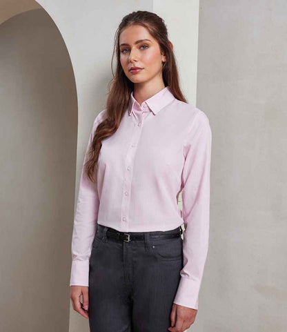 Premier Premier Ladies Long Sleeve Striped Oxford Shirt White/Pink
