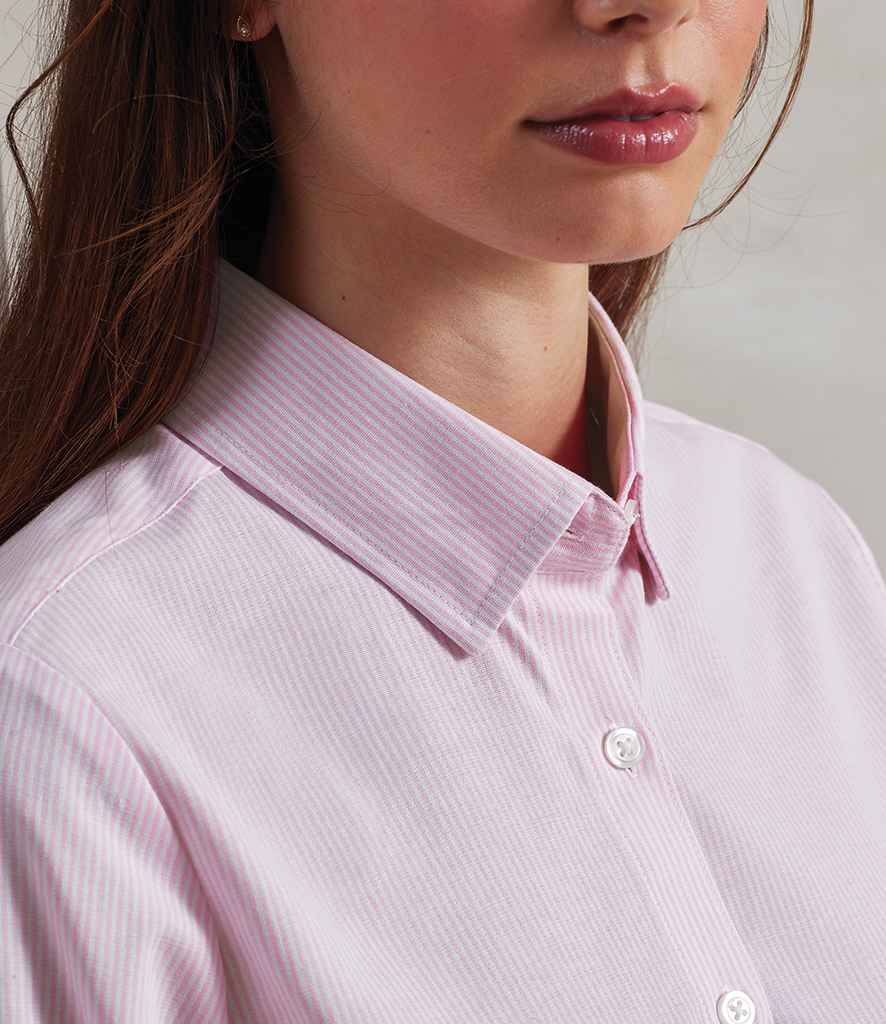 Premier Premier Ladies Long Sleeve Striped Oxford Shirt White/Pink