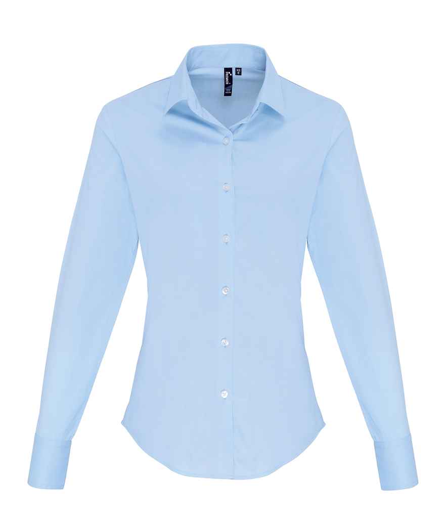 Premier Ladies Long Sleeve Stretch Fit Poplin Shirt in Pale Blue