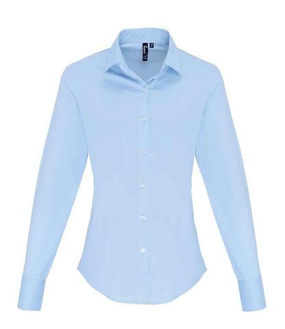 Premier Ladies Long Sleeve Stretch Fit Poplin Shirt in Pale Blue