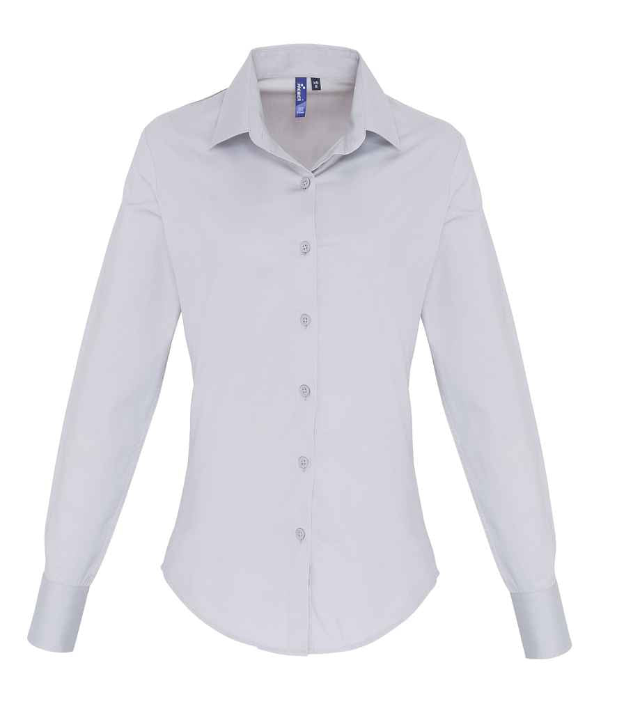 Premier Ladies Long Sleeve Stretch Fit Poplin Shirt in Silver