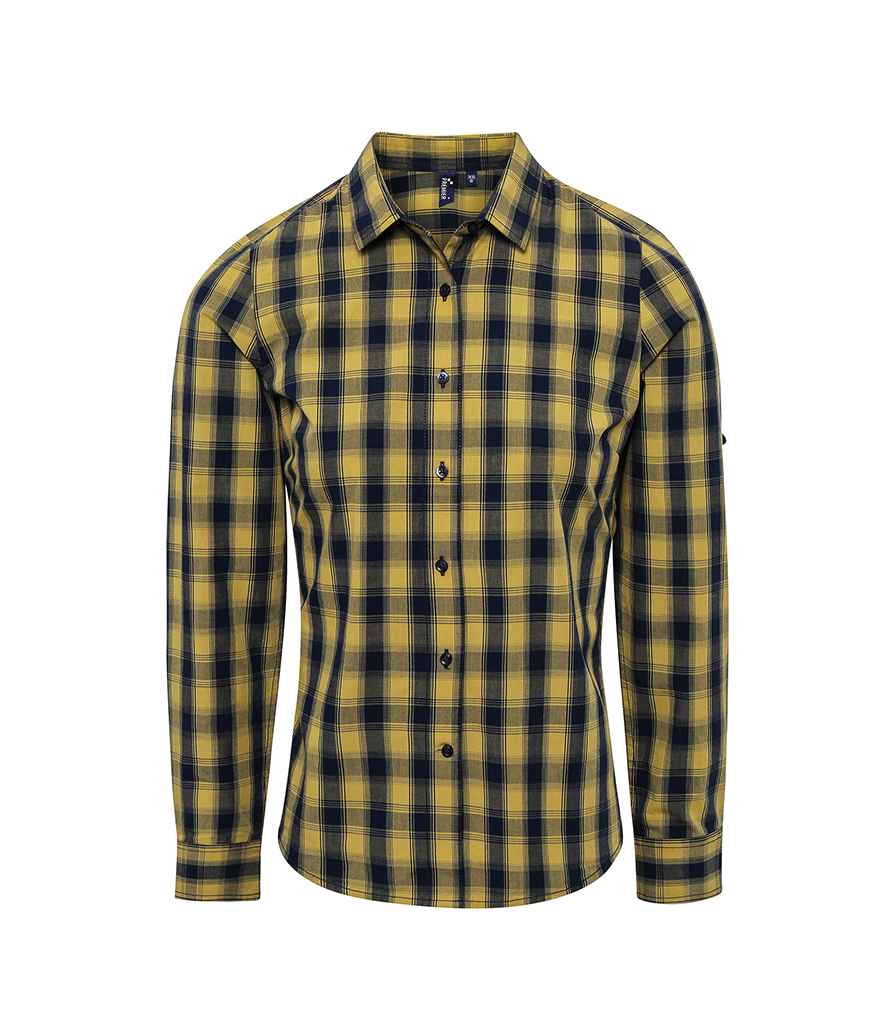 Premier Ladies Mulligan Check Long Sleeve Shirt in Camel/Navy