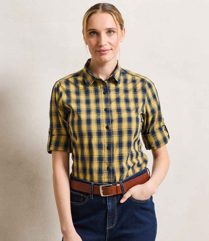 Premier Premier Ladies Mulligan Check Long Sleeve Shirt Camel/Navy