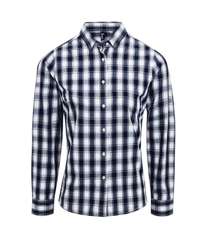 Premier Ladies Mulligan Check Long Sleeve Shirt in White/Navy
