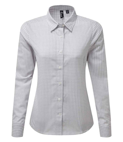 Premier Ladies Maxton Check Long Sleeve Shirt in Silver/White