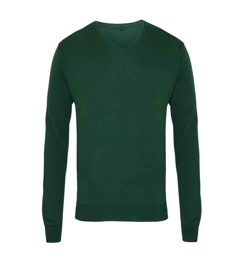 Premier Knitted Cotton Acrylic V Neck Sweater in Bottle Green