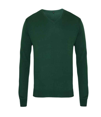 Premier Knitted Cotton Acrylic V Neck Sweater in Bottle Green