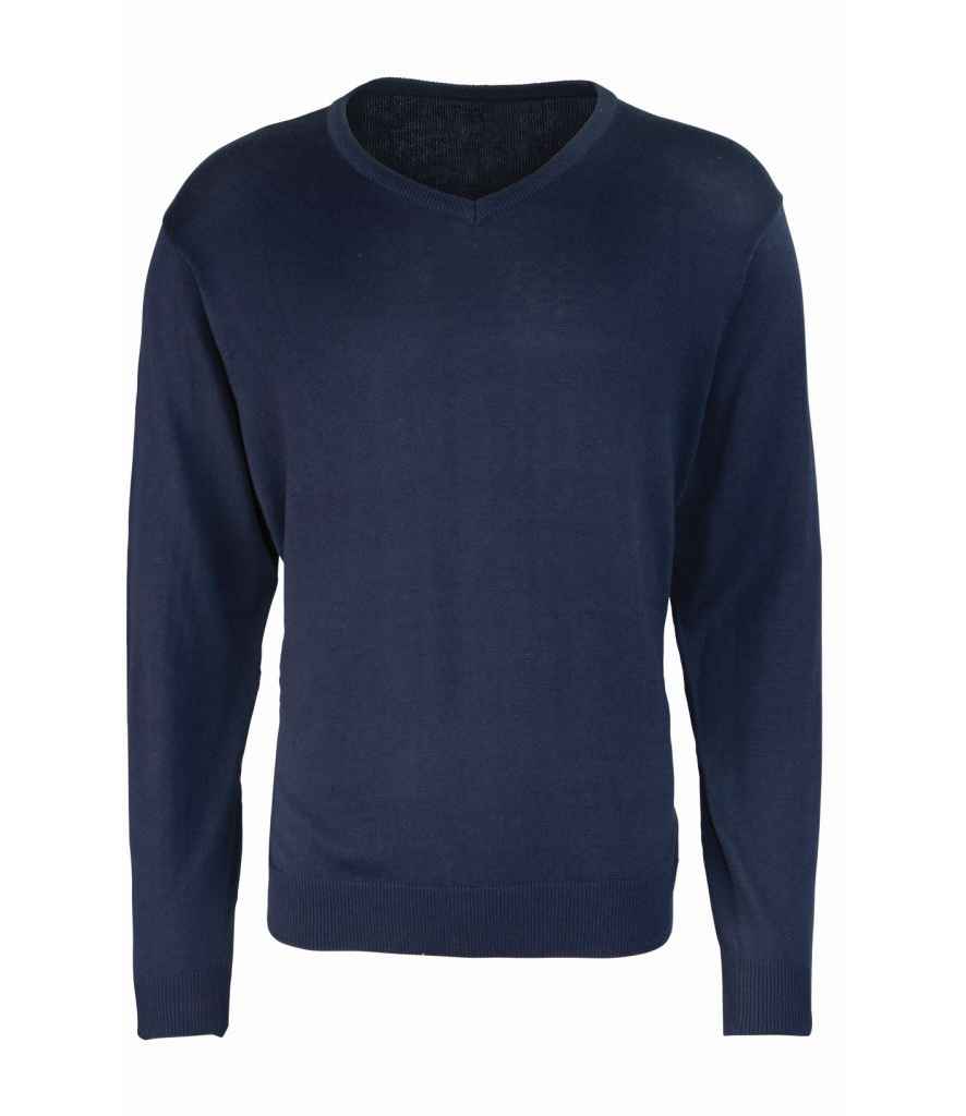 Premier Knitted Cotton Acrylic V Neck Sweater in Navy