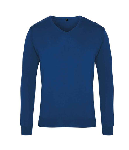 Premier Knitted Cotton Acrylic V Neck Sweater in Royal Blue