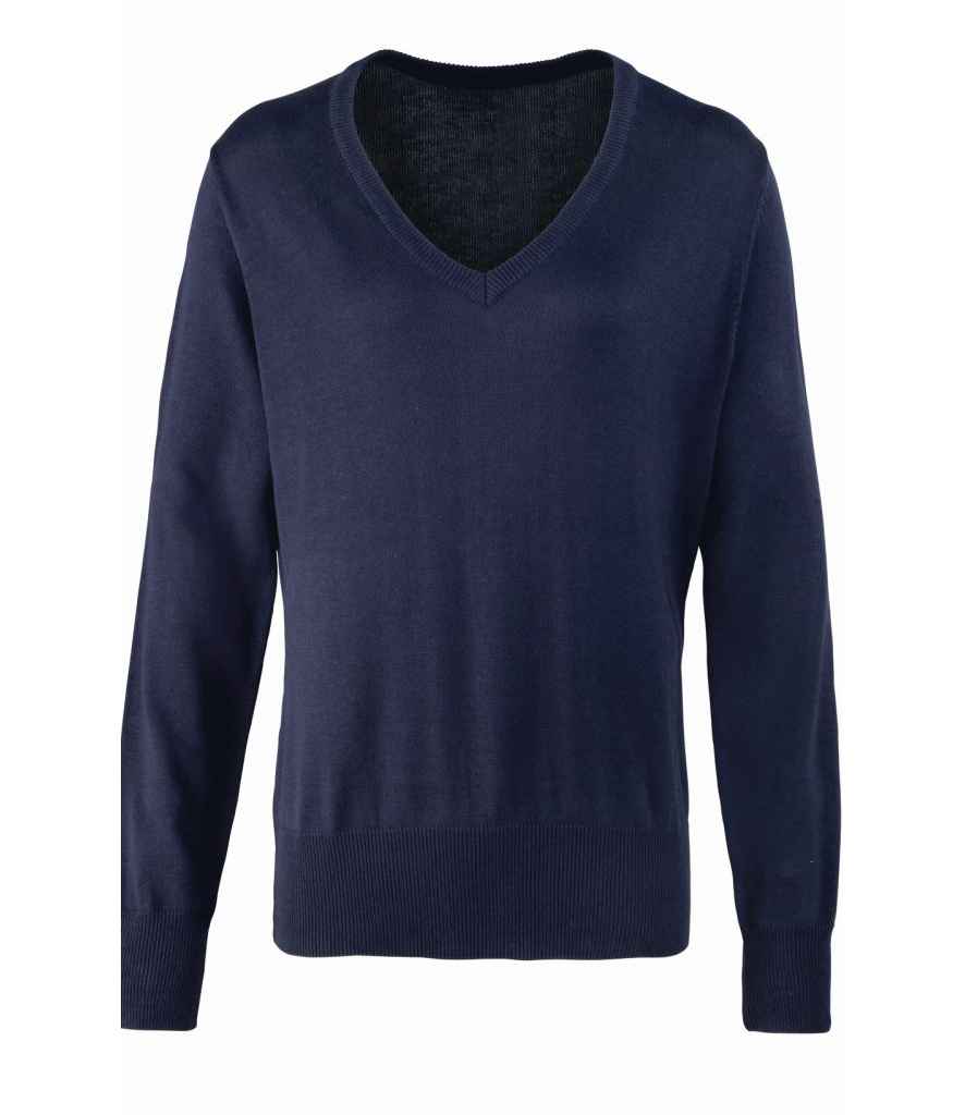 Premier Ladies Knitted Cotton Acrylic V Neck Sweater in Navy