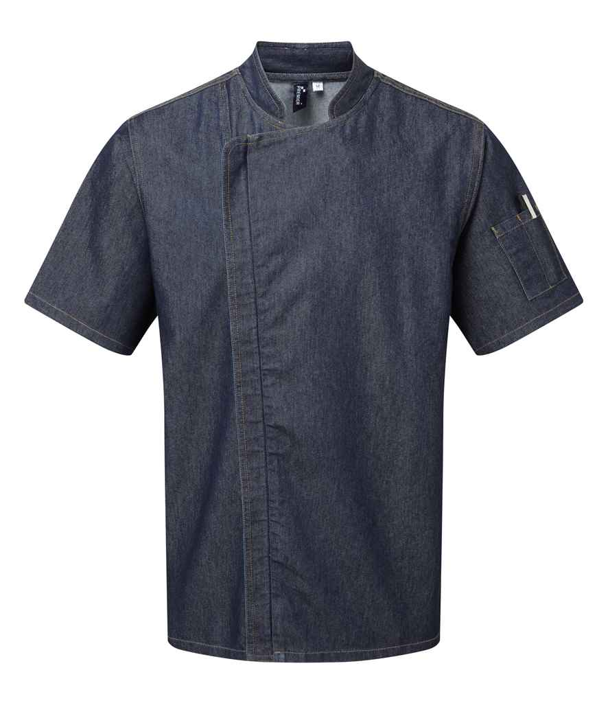 Premier Short Sleeve Zipped Chef's Jacket in Indigo Denim