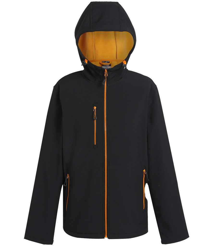 Regatta Navigate Two Layer Hooded Soft Shell Jacket in Black/Orange Pop