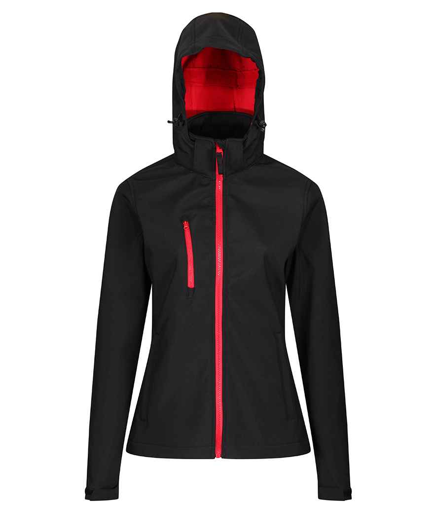 Regatta Ladies Venturer Three Layer Hooded Soft Shell Jacket in Black/Classic Red