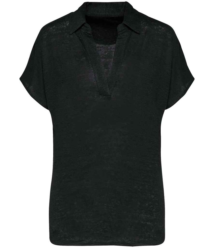 Spasso Ladies Linen Polo Shirt in Black
