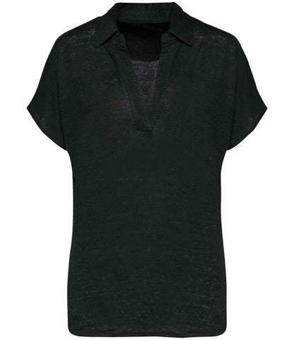 Spasso Ladies Linen Polo Shirt in Black
