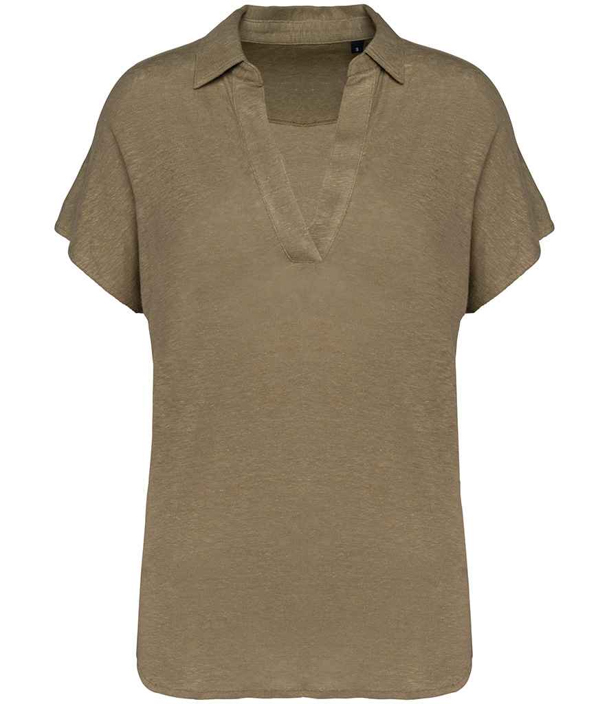 Spasso Ladies Linen Polo Shirt in Light Olive Green