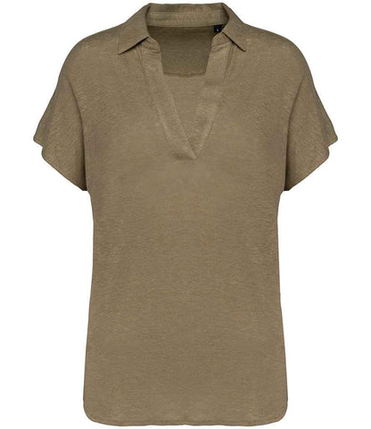 Spasso Ladies Linen Polo Shirt in Light Olive Green