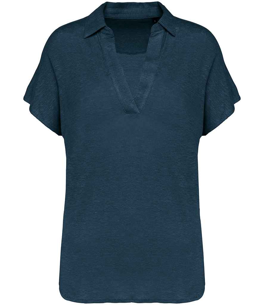 Spasso Ladies Linen Polo Shirt in Peacock Blue