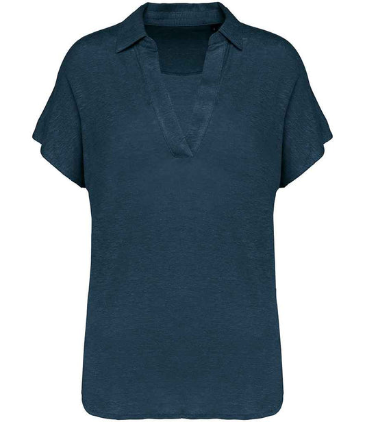 Spasso Ladies Linen Polo Shirt in Peacock Blue