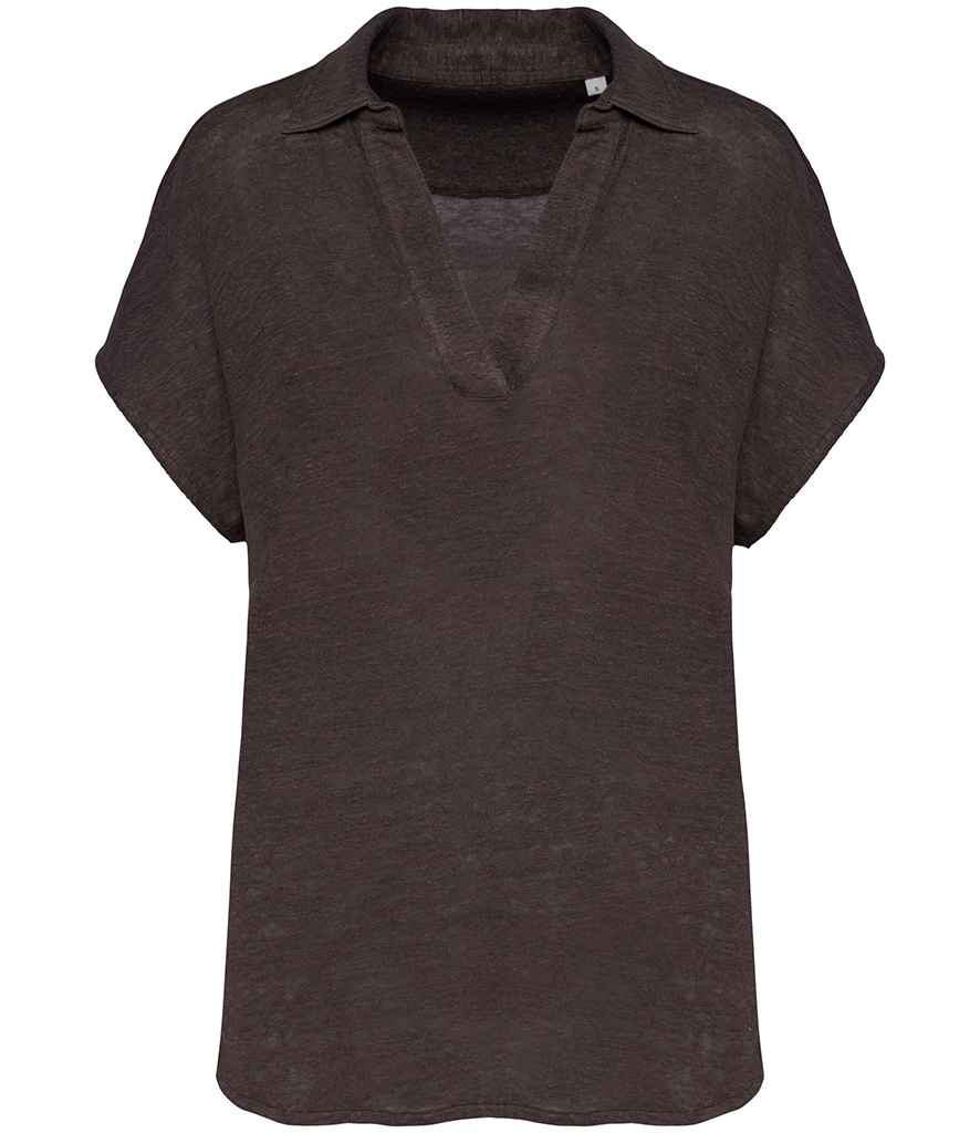 Spasso Ladies Linen Polo Shirt in Stone Grey