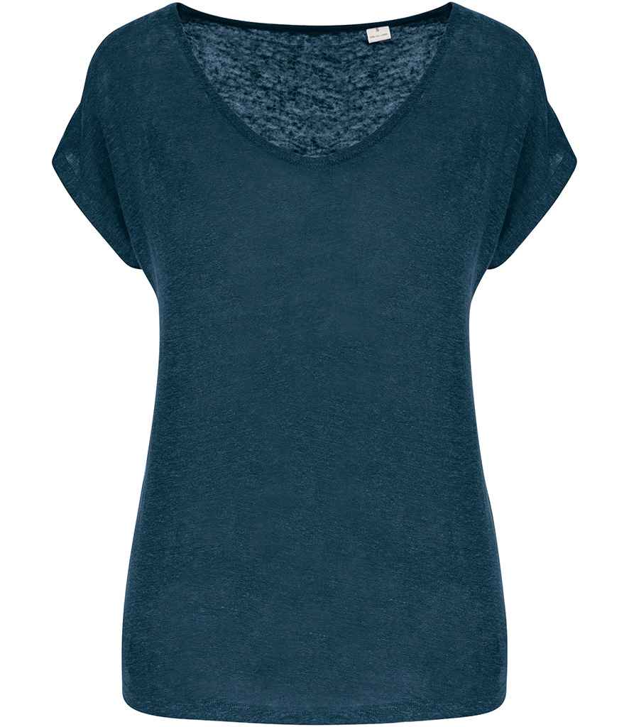 Spasso Ladies V Neck Linen T-Shirt in Peacock Blue